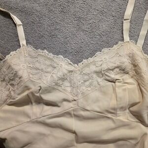 Vintage Lace Trim Full Slip Chemise Beige Nude Floral Lingerie Adjustable Straps